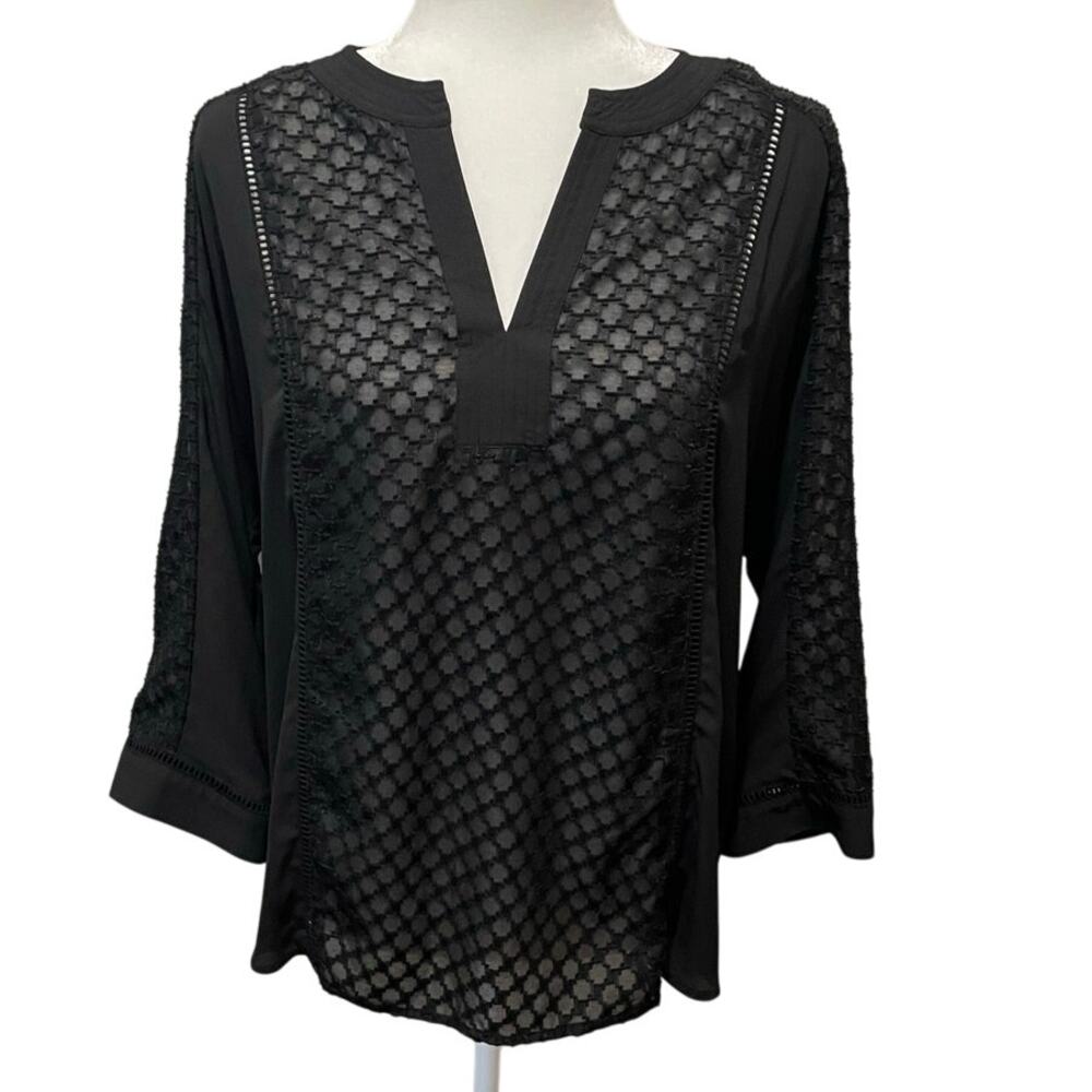 Chico’s Sheer Mesh Textured Top Sz M Pullover V-Neck 3/4 Sleeve Black Whimsigoth